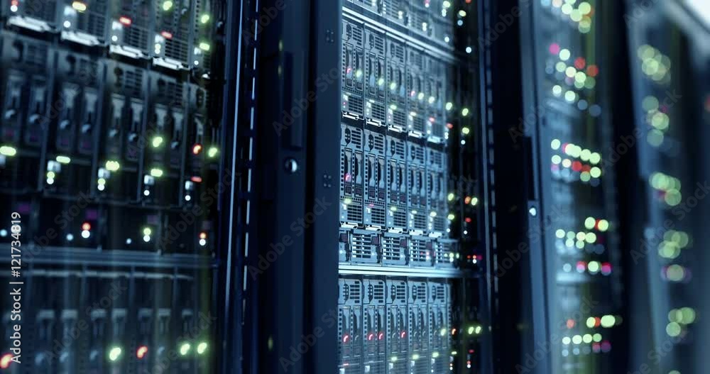 Servers close up.  Modern datacenter. Cloud computing. Loopable 8k 4k UHD