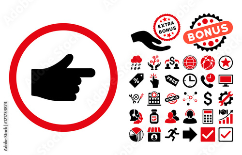 Index Pointer pictograph with bonus symbols. Vector illustration style is flat iconic bicolor symbols, intensive red and black colors, white background. photo