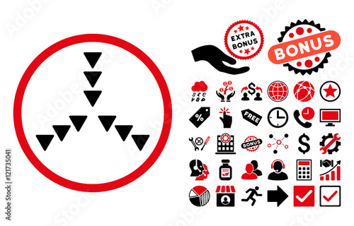 Inside Direction icon with bonus symbols. Vector illustration style is flat iconic bicolor symbols, intensive red and black colors, white background.