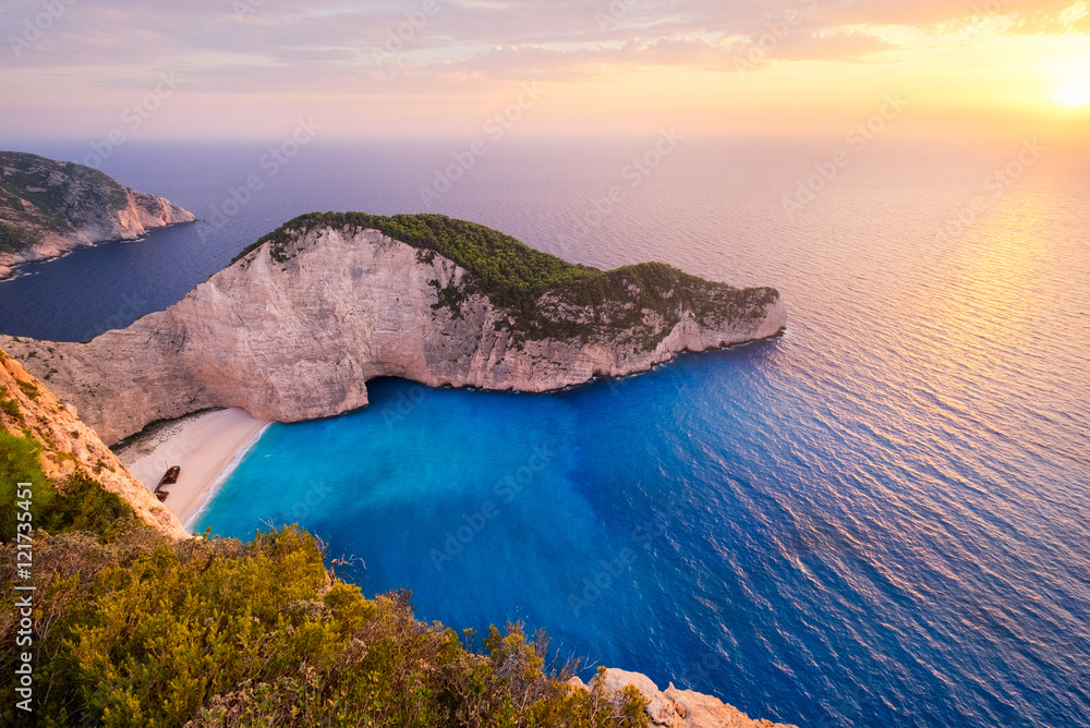 Landscape sunset view of famous shipwreck beach in Zakynthos