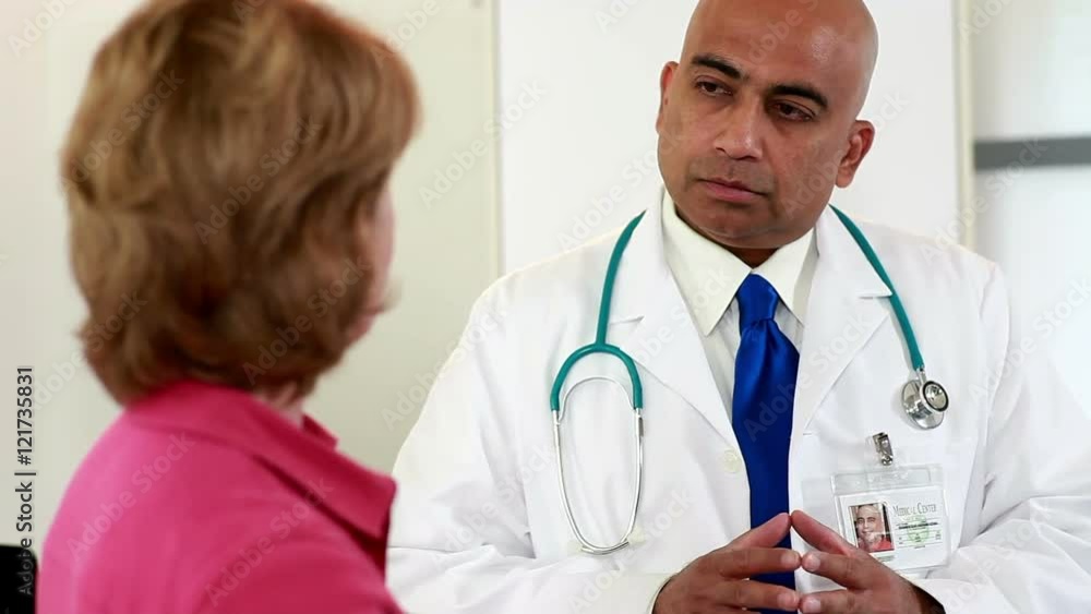 Camera tilt down from physician talking with parent to boy patient laying in hospital bed. Camera tilt down from physician talking with parent to boy patient laying in hospital bed.