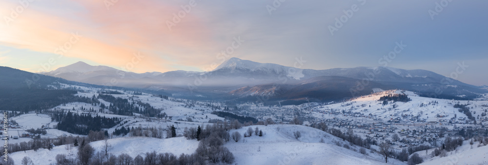 Panorama of winter mountains hills