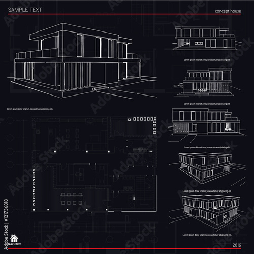Wireframe blueprint drawing of 3D building, house. Vector architectural template background.