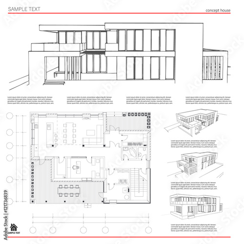 Wireframe blueprint drawing of 3D building, house. Vector architectural template background.