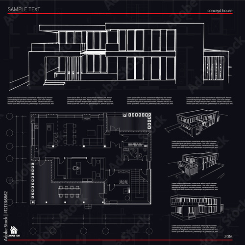 Wireframe blueprint drawing of 3D building, house. Vector architectural template background.