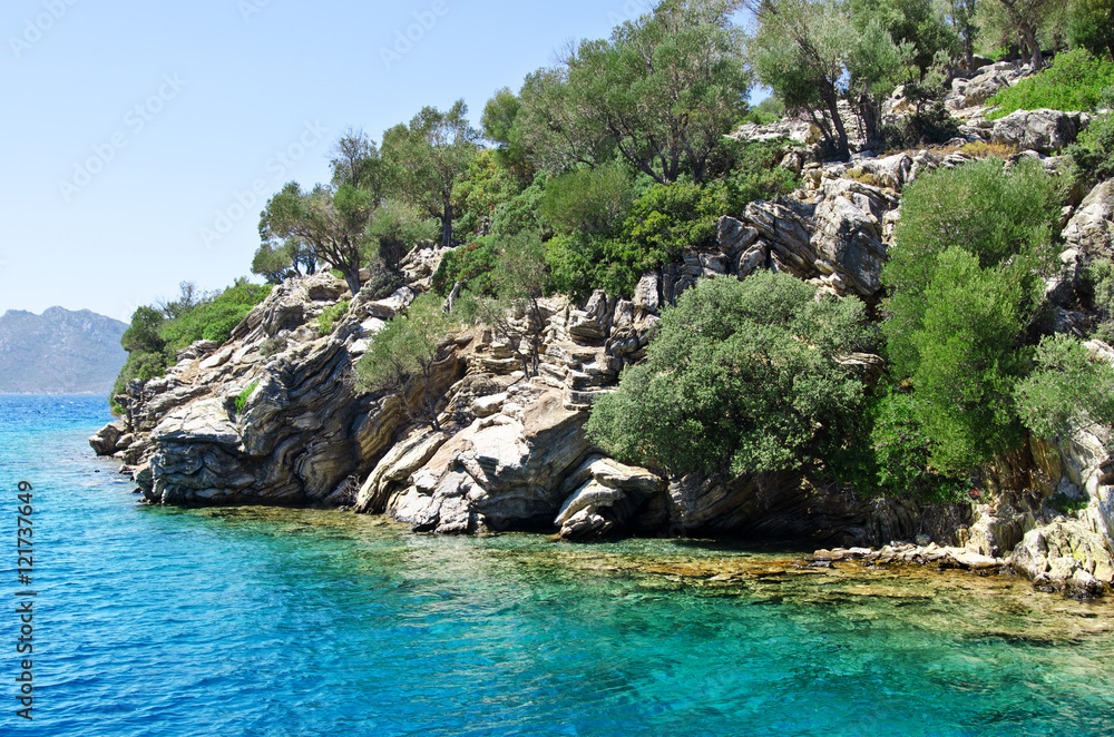 Turquoise waters of the Aegean Sea near the island, Turkey