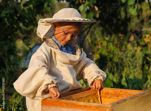 little boy beekeeper works on an apiary at hive
