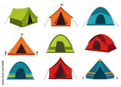 Fotografering Set of camping tent vector icons isolated on white background.