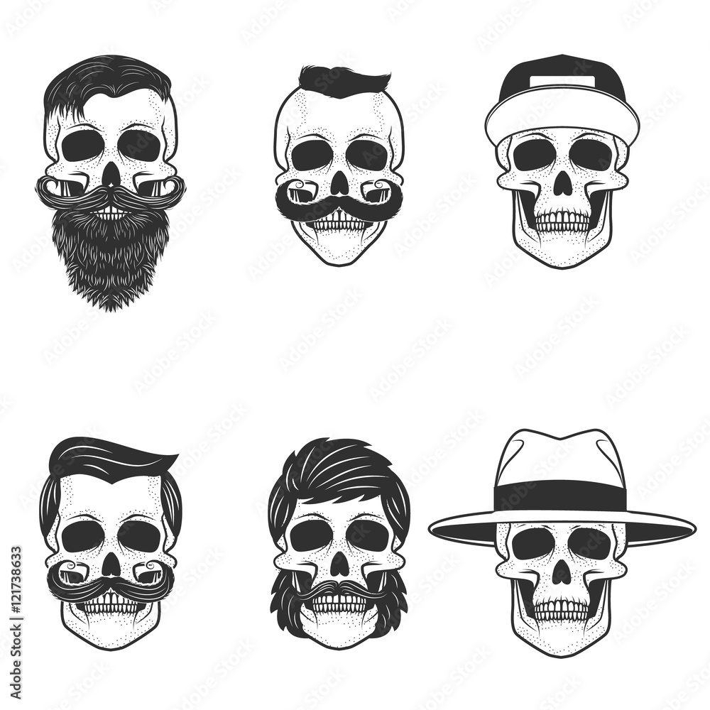 Set of the skulls with hairstyle and hats. Design elements for e