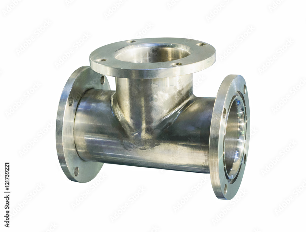 Thick stainless steel tee flanges for bolting.