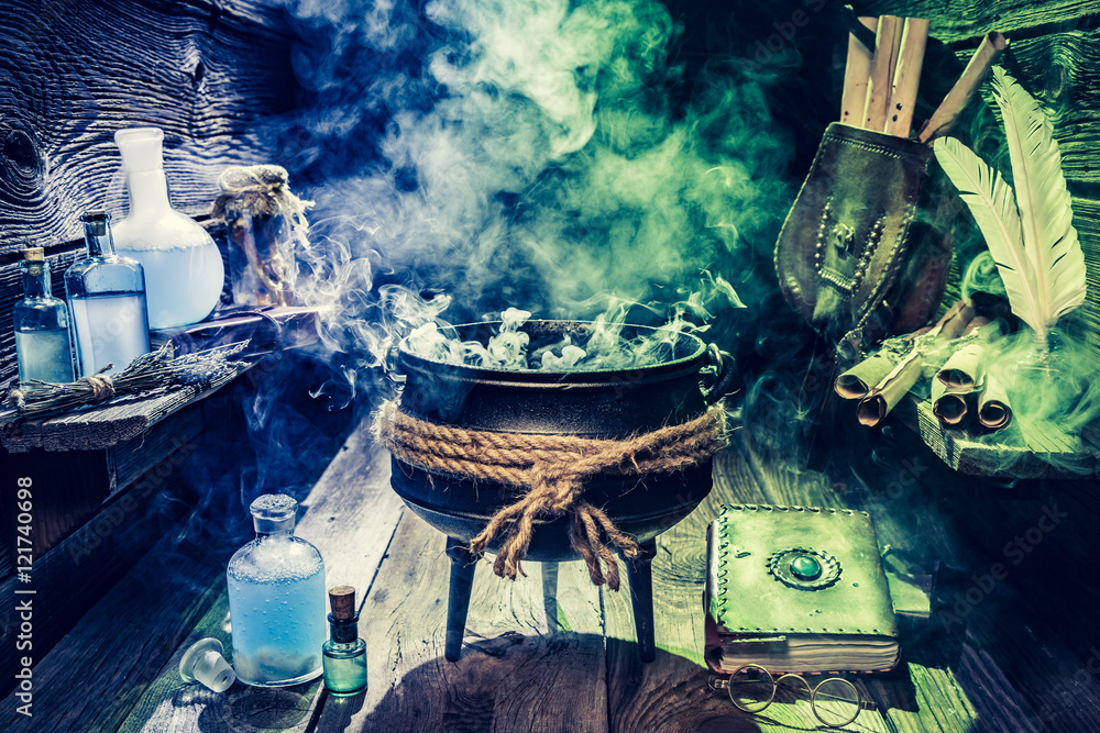 Full of magic mixture witch pot with blue potions Stock Photo Adobe Stock