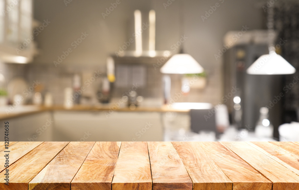 Wood table top on light abstract from kitchen room background. - obrazy, fototapety, plakaty 