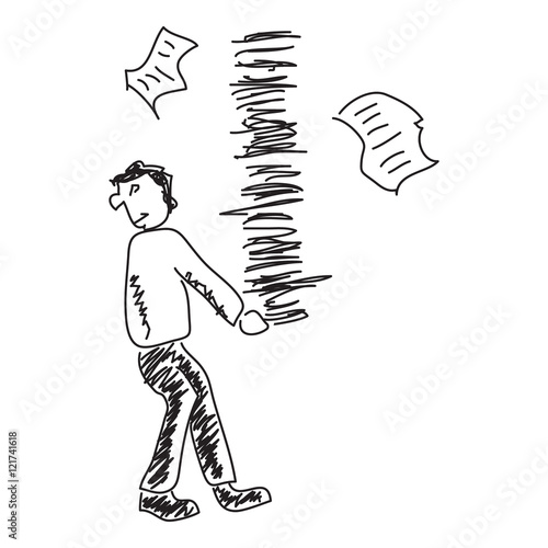 Doodle sketch of a man carrying paperwork on white background