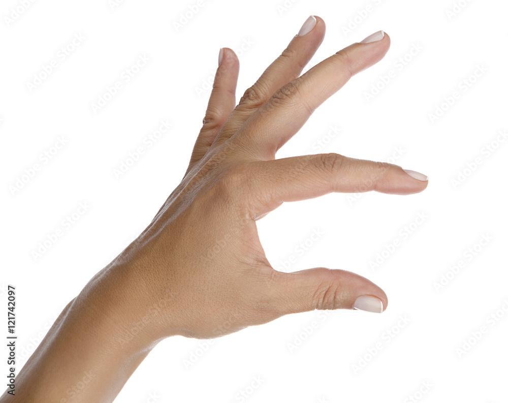 Caucasian woman hand measuring invisible item isolated on white background. Caucasian woman hand measuring invisible item isolated on white background.