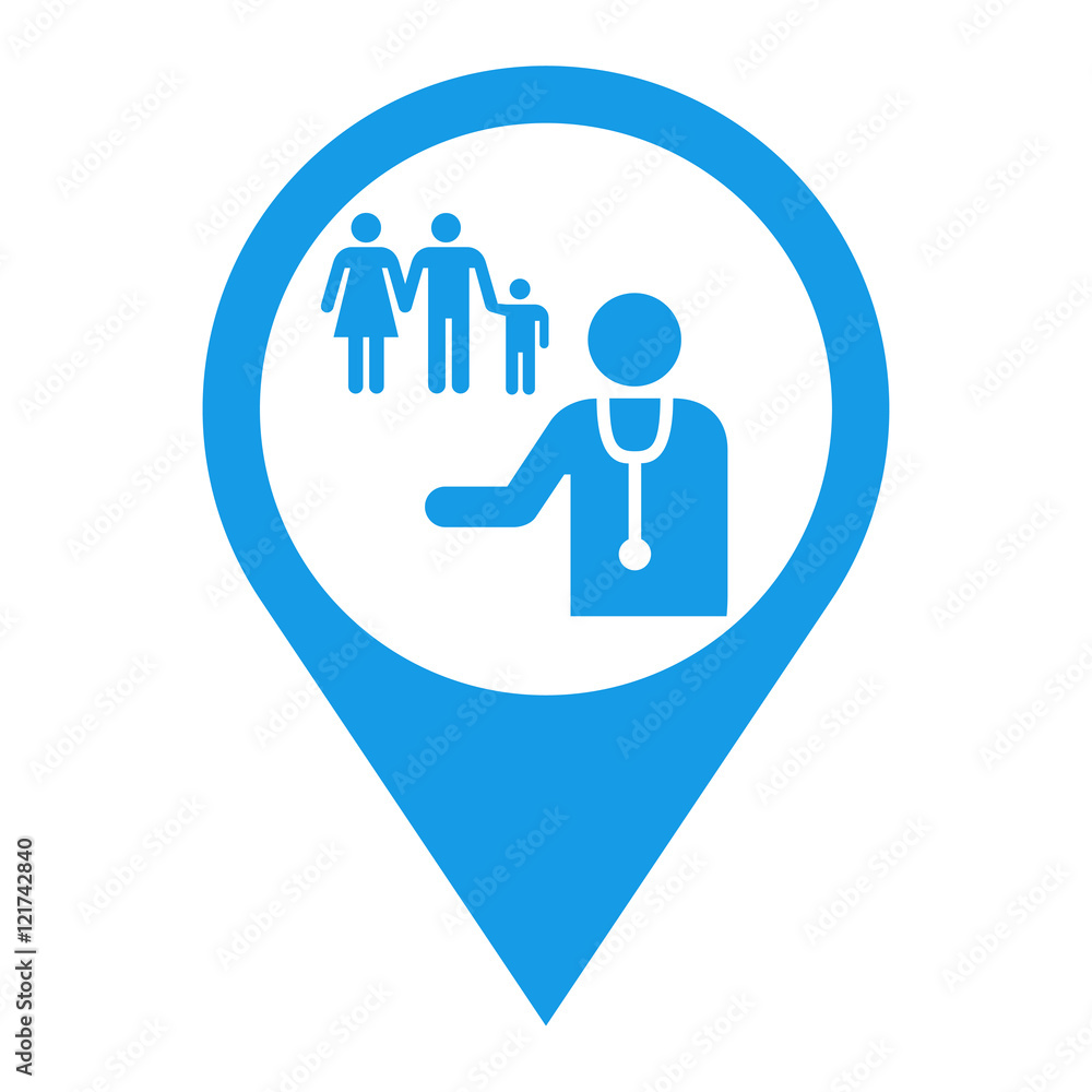 Icono plano localizacion medico de familia azul