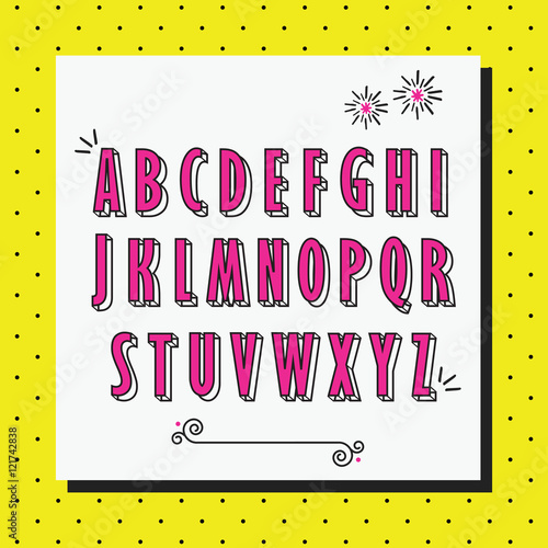 Pink cute and girlie capital alphabet letters set on yellow dotted pattern background