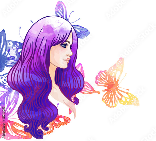 Amazing watercolor background with pretty girl and butterfly