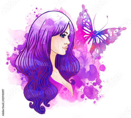 Amazing watercolor background with pretty girl and butterfly