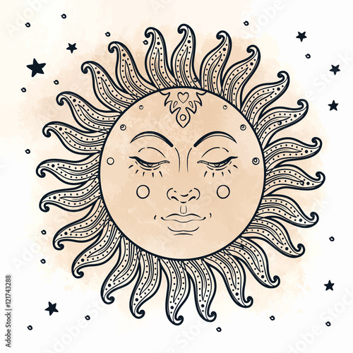 Golden Sun. Vector illustration in vintage engraving style
