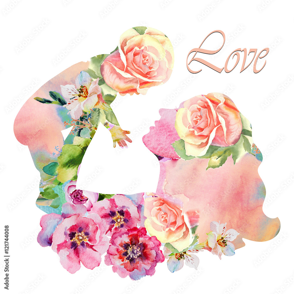 Beautiful mother silhouette with her baby with floral background ...