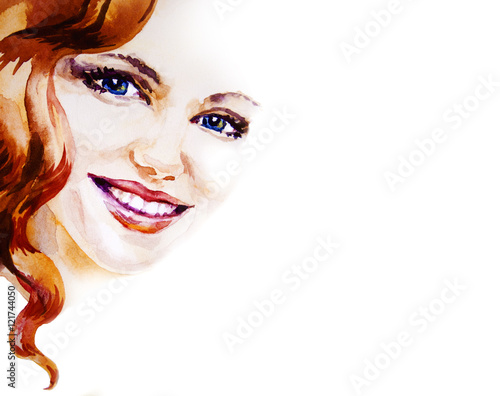 Beautiful smiling woman portrait on white background, watercolor