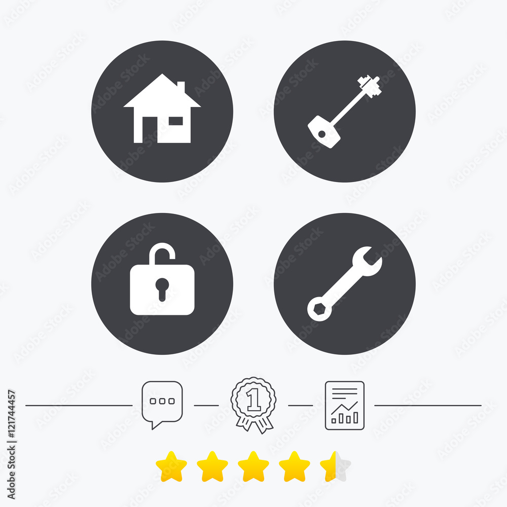 Home key icon. Wrench service tool symbol. Home key icon. Wrench service tool symbol.