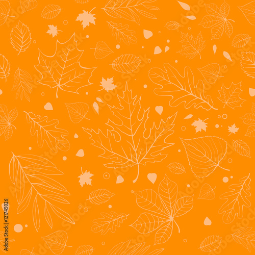 Outline autumn leaves. Yellow seamless pattern with outline leaves silhouettes.