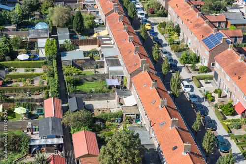 Aerial view family houses with backyards in Emmeloord, The Netherlands