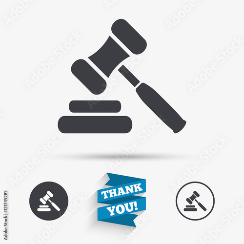 Auction hammer icon. Law judge gavel symbol.