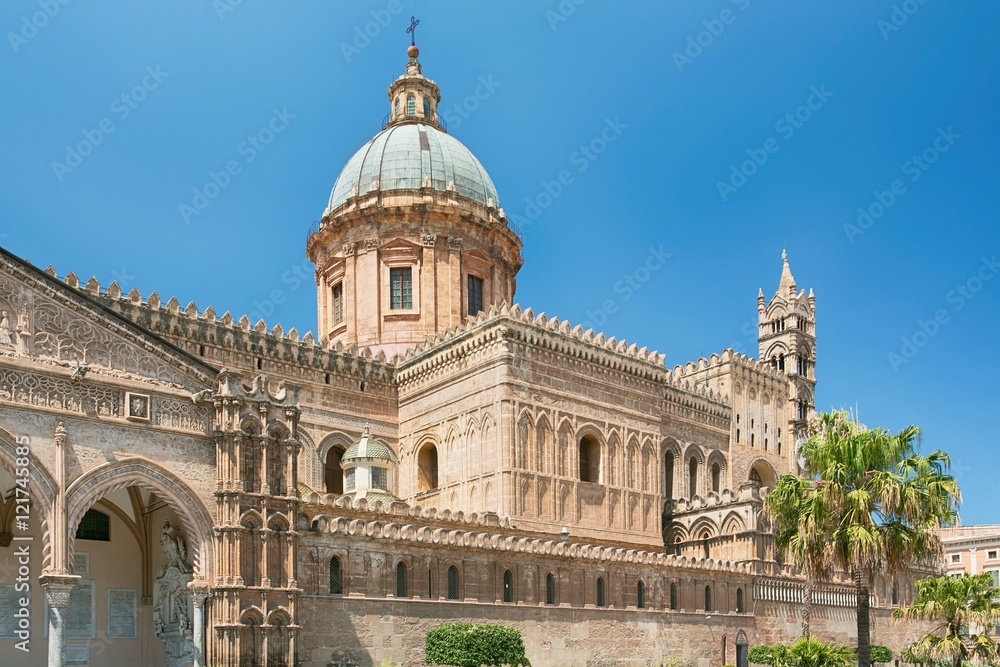 Palermo Cathedral (Metropolitan Cathedral of the Assumption of Virgin Mary) in Palermo, Sicily, Italy. Architectural complex built in Norman, Moorish, Gothic, Baroque and Neoclassical style.