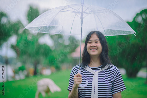 Wiang Chiang Rung , Thailand - August 12 : A young girl handed an umbrella in Wiang Chiang Rung Rai Wiang Chiang Rung in Thailand on August 12, 2016 .