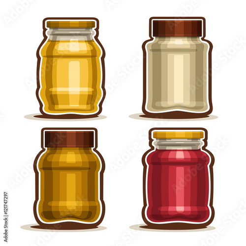 Vector Set logo Glass different Jars with metal cap for honey or mustard, collection of 4 plastic yellow and red container jar with lid for strawberry or raspberry jam isolated on white background.