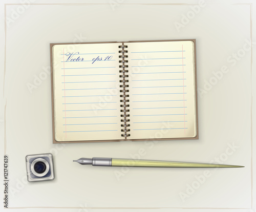 Detailed retro notebook, inkwell and pen