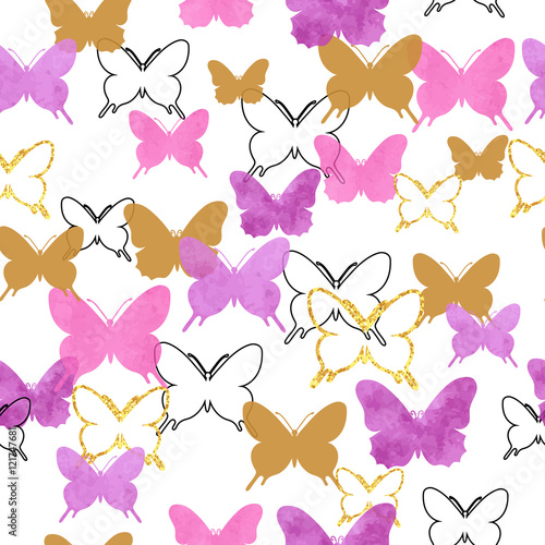 Seamless pattern with purple, black and glittering golden butterflies. Romantic celebration vector background