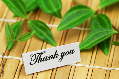 Thank you card with juicy green leaves on bamboo mat   © graletta