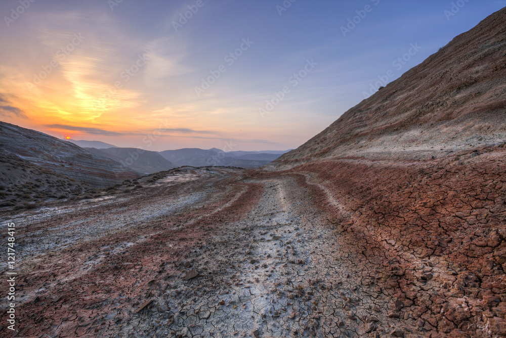 sunrise in the striped mountains Khizi in Azerbaijan