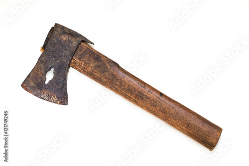 Old rustic axe with wooden handle isolated on white background photo