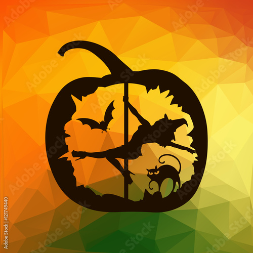 Black vector silhouette of female pole dancer carved in Halloween pumpkin on autumn abstract colorful geometric triangles background.