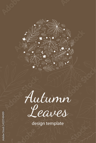Autumn leaves postcard design template white outline on brown