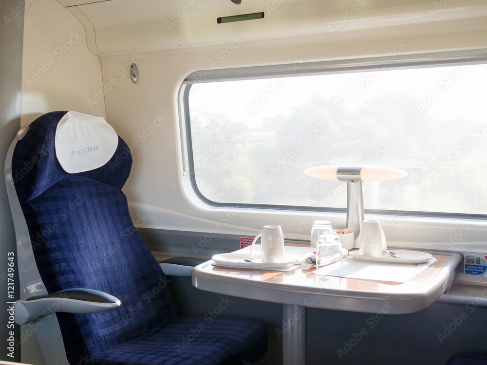 Window seat in first class carriage in England Window seat in first class carriage in England