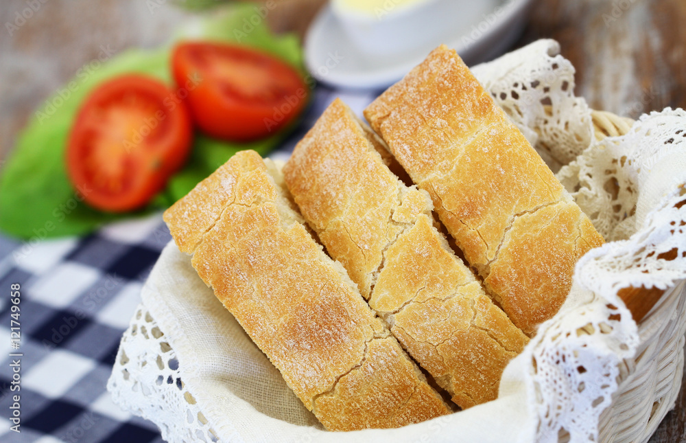 Few slices of ciabatta in bread basket, closeup
