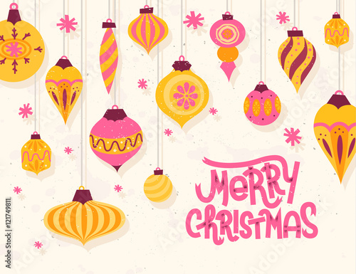 Festive Christmas greeting card with 50s retro style christmas ornaments 