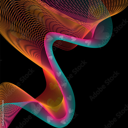 Black background with colorful shapes and hearts