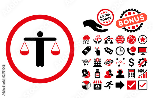 Lawyer pictograph with bonus design elements. Vector illustration style is flat iconic bicolor symbols, intensive red and black colors, white background.