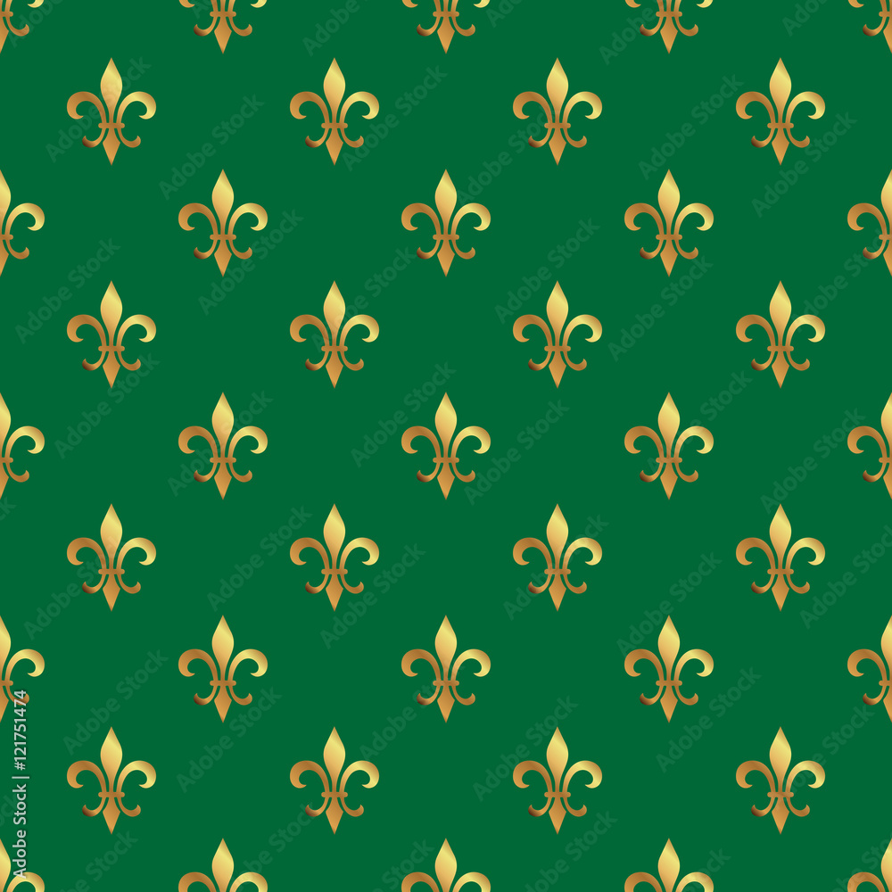Golden fleur-de-lis seamless pattern. Gold template. Floral classic texture. Fleur de lis royal lily retro background. Design vintage for card, wallpaper, wrapping, textile. Golden fleur-de-lis seamless pattern. Gold template. Floral classic texture. Fleur de lis royal lily retro background. Design vintage for card, wallpaper, wrapping, textile.