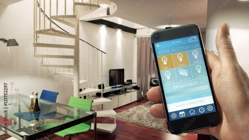 smart house, home automation, device with app icons. switch the lights on