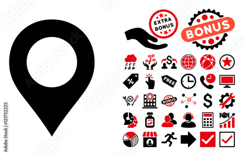 Map Marker icon with bonus elements. Vector illustration style is flat iconic bicolor symbols, intensive red and black colors, white background.