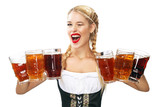 Young sexy Oktoberfest waitress, wearing a traditional Bavarian dress, serving big beer mugs isolated on white background.