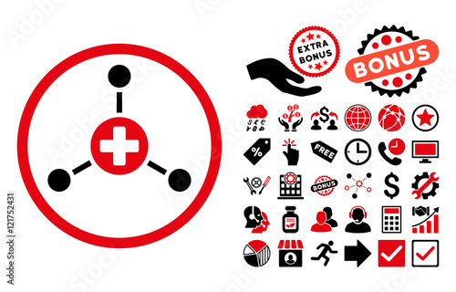 Medical Center pictograph with bonus clip art. Vector illustration style is flat iconic bicolor symbols, intensive red and black colors, white background.