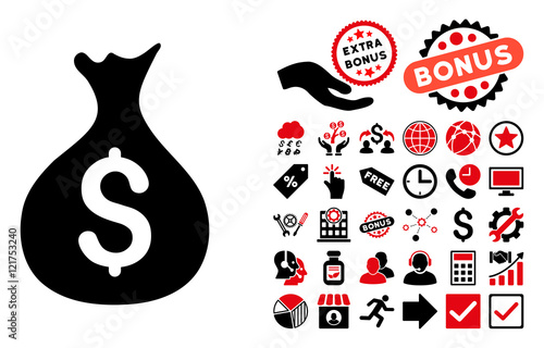Money Sack icon with bonus icon set. Vector illustration style is flat iconic bicolor symbols, intensive red and black colors, white background.